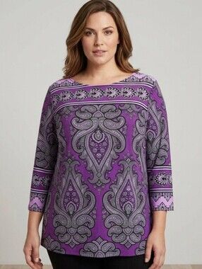Bob Mackie Purple Paisley Knit Tunic Top XL Wearable Art